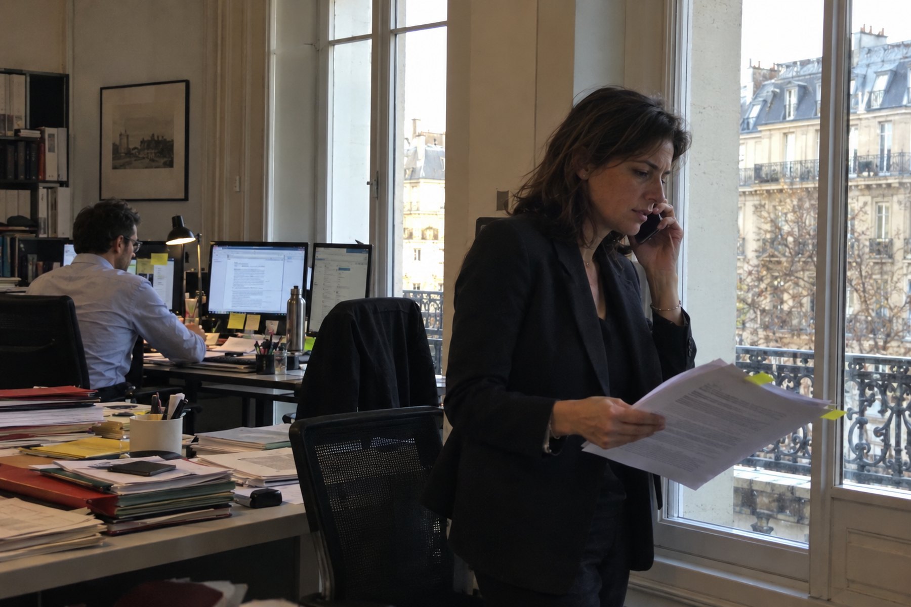 Avocate au téléphone avec un client étranger, contrat annoté à la main, dans son cabinet parisien