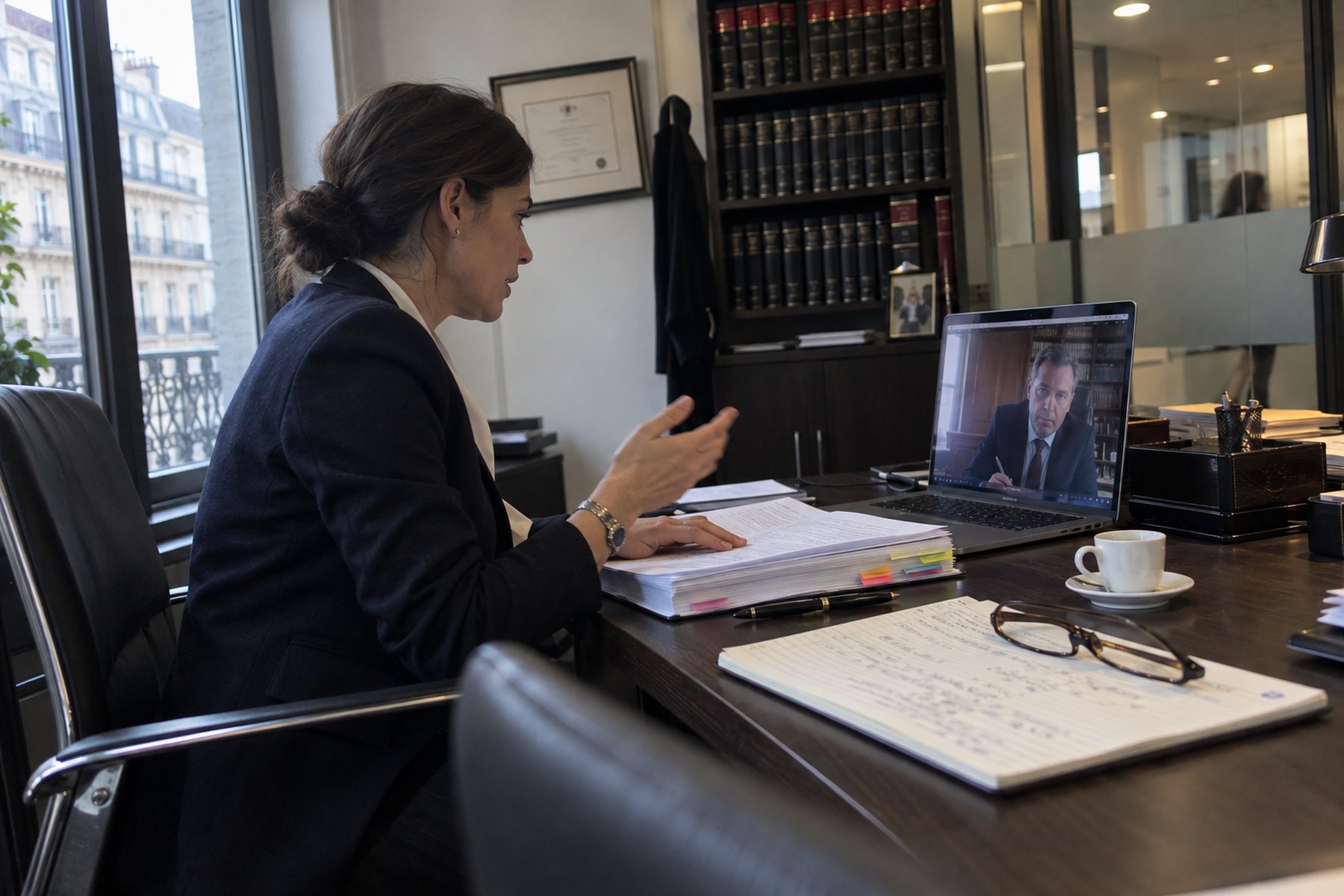 A French lawyer on a video call with a British colleague, in her office