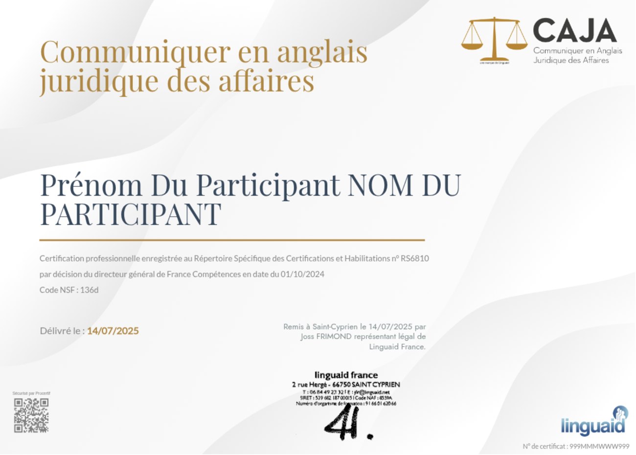 CAJA certificate — Communiquer en anglais juridique des affaires, RS6810, issued by Linguaid France via Procertif