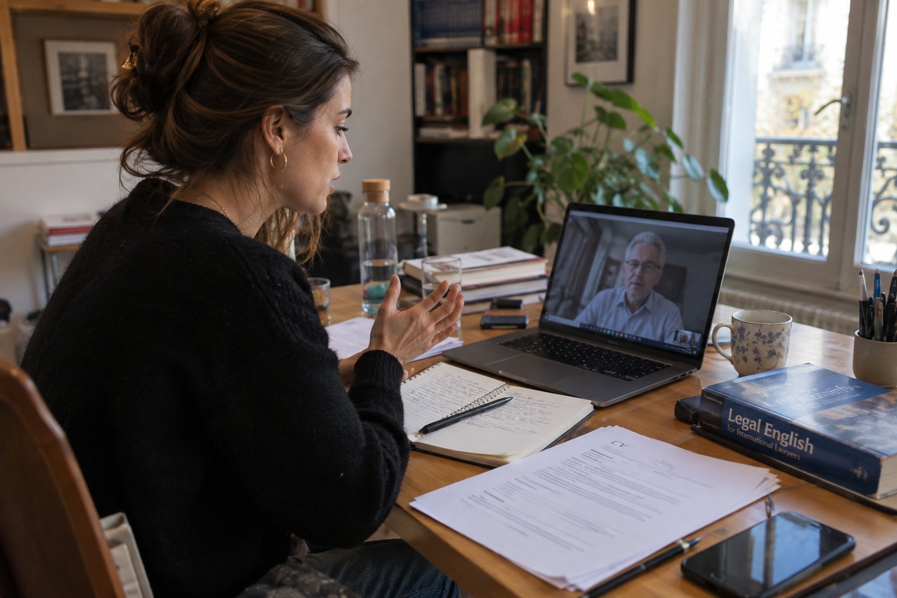 Juriste en recherche d’emploi en séance de coaching en visioconférence, depuis son bureau à domicile
