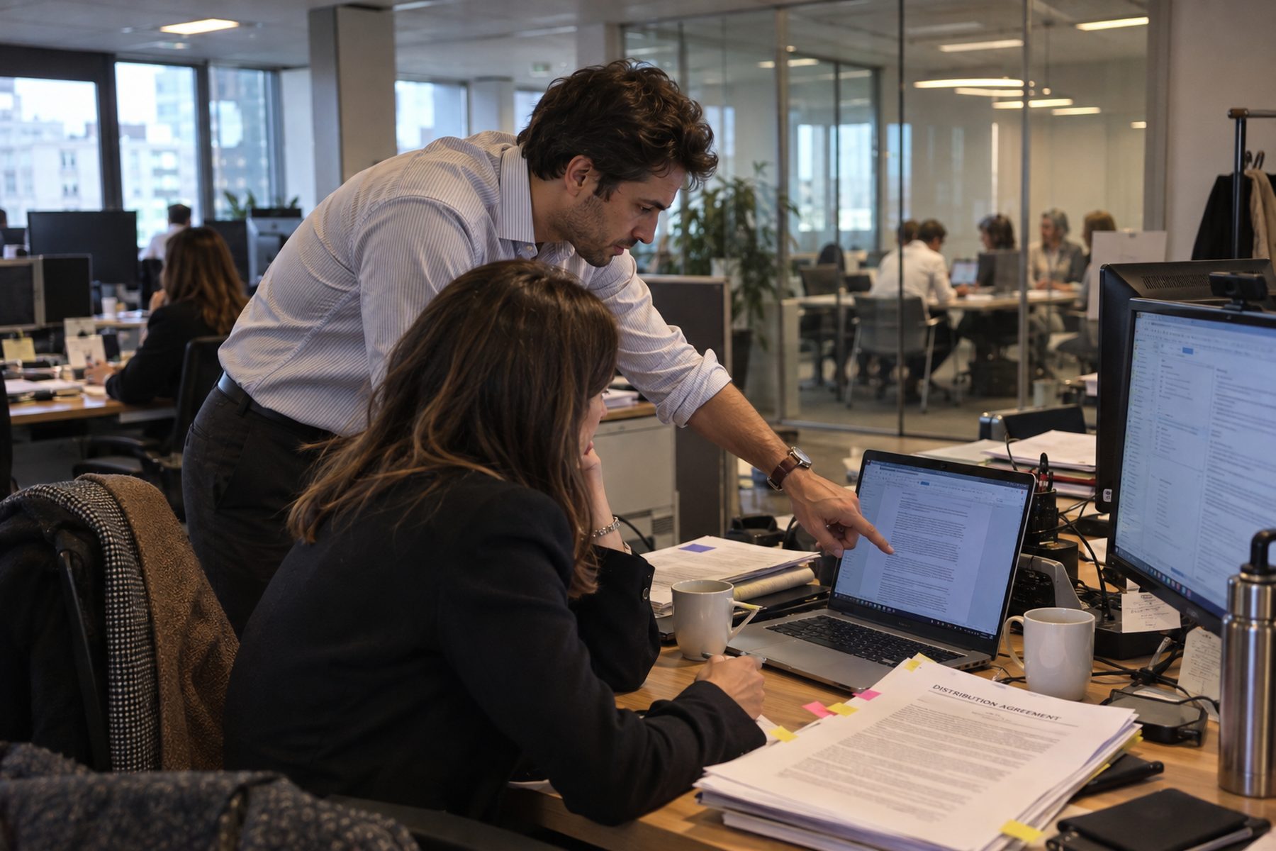 Juriste d’entreprise relisant un contrat en anglais avec un collègue, dans les bureaux d’un groupe international